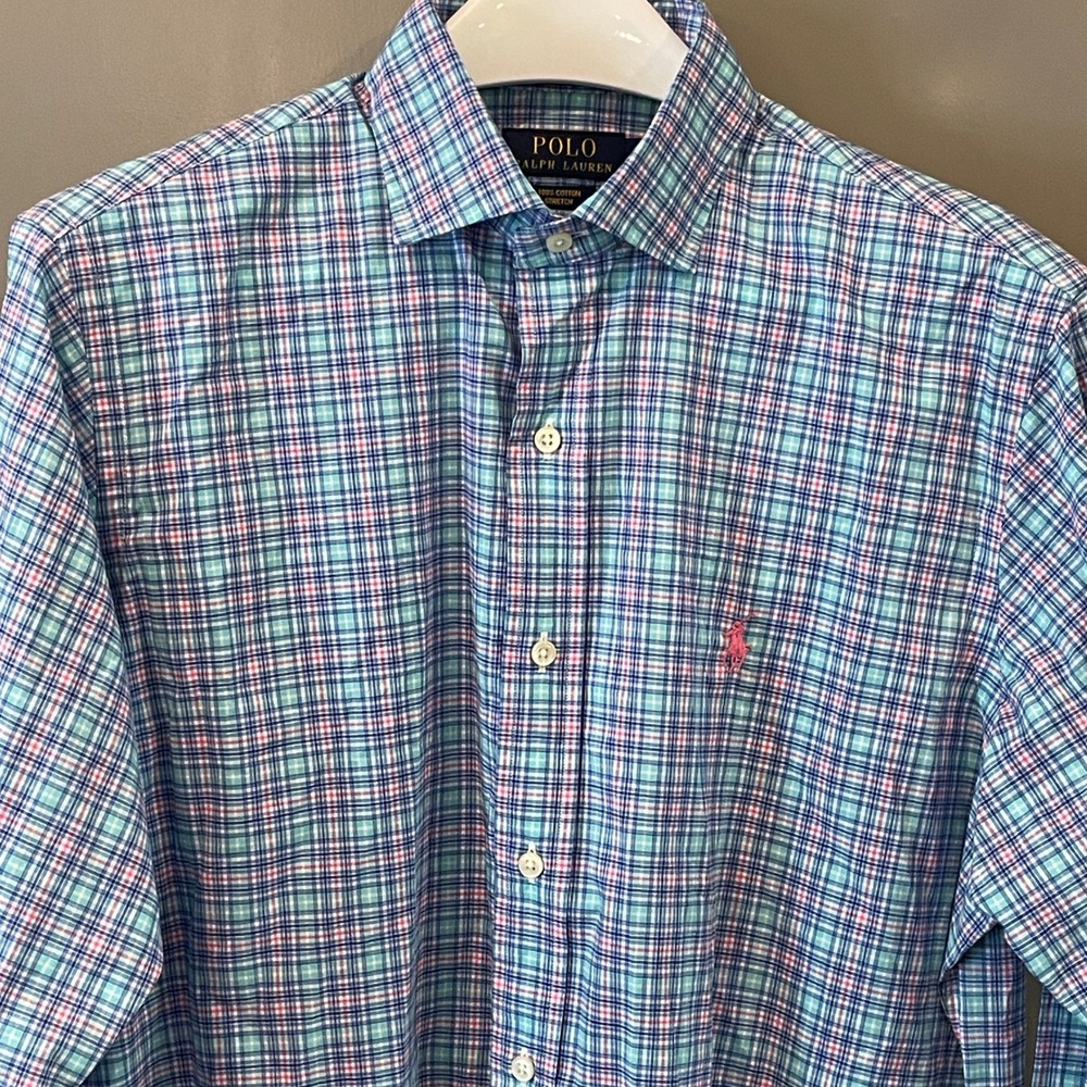 Polo Ralph Lauren Mens Medium Plaid Cotton Stretch Button Down Shirt Blue Pink